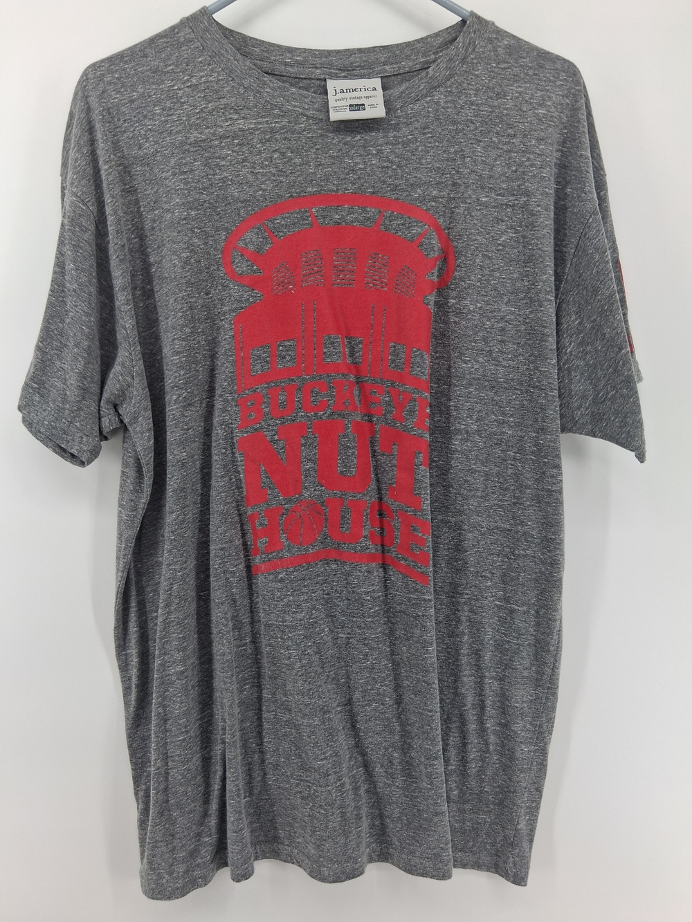 J. America Gray Short-Sleeve Graphic Tee with Red Buckeye Nut House Logo